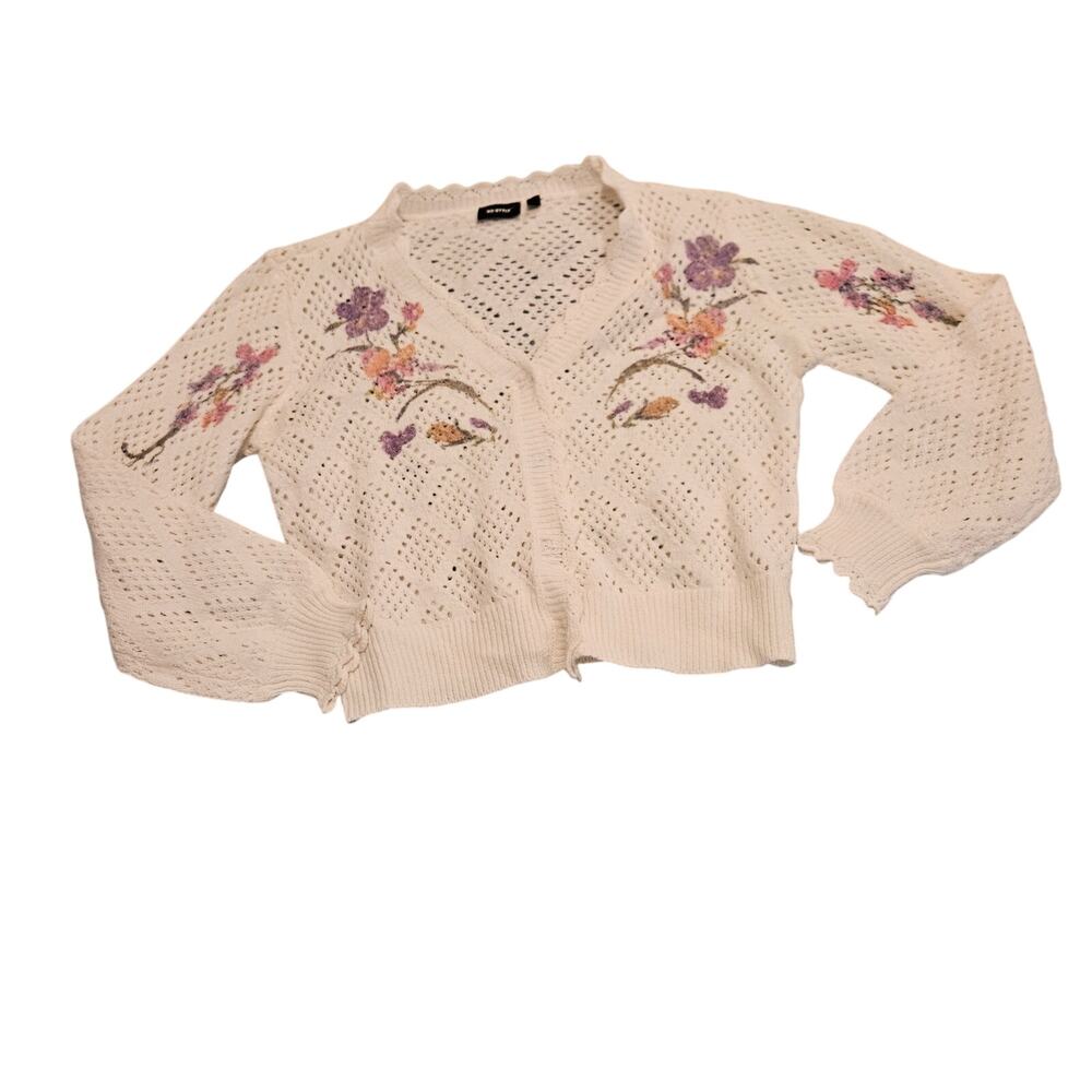 RD Style Floral Open Knit Cardigan Sweater Embroidered Flowers Size Medium